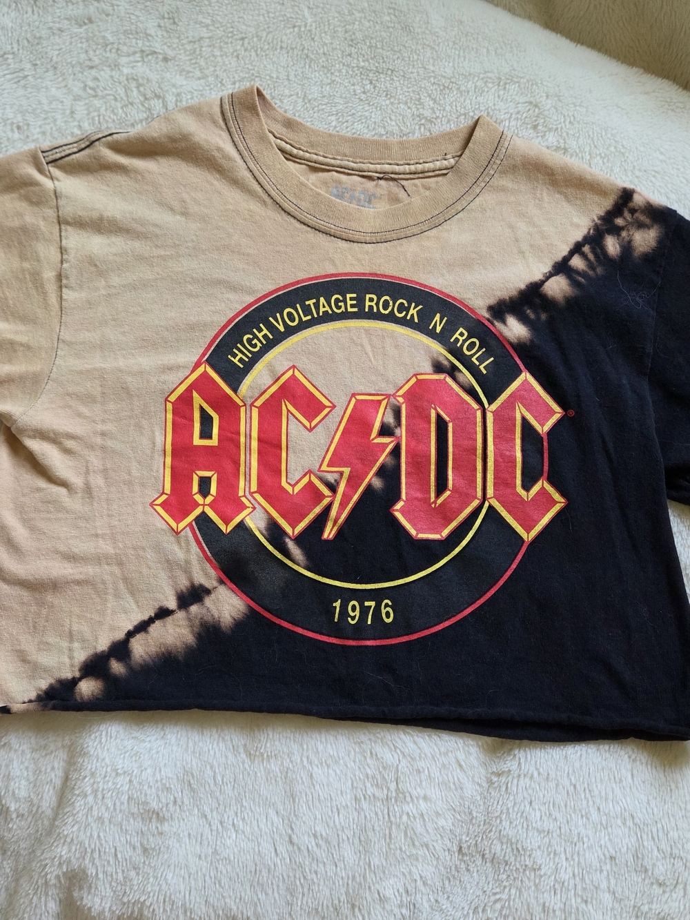 AC/DC Women's High Voltage Tie-Dye Graphic Tee - Black & Tan.  Concert Festival